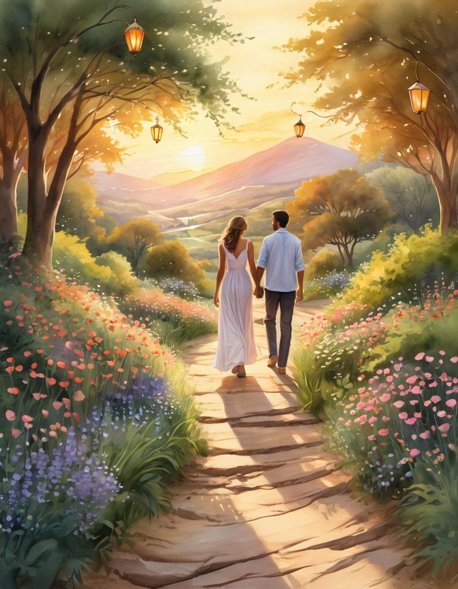 A winding path through a lush, romantic landscape adorned with heart-shaped flowers and soft glowing lanterns, guiding couples hand-in-hand. In the background, a warm sunset casts a golden hue, symbolizing hope and love. Illustrated couples of diverse backgrounds share intimate moments, capturing heartfelt stories of connection. Watercolor style with soft edges and pastel colors to evoke tenderness and warmth.