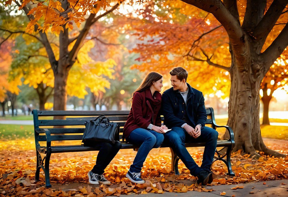 A cozy, intimate scene depicting two soulmates sitting together on a park bench, sharing a heartfelt conversation under a warm sunset. Surround them with gentle autumn leaves swirling in the breeze, symbolizing connection and growth. Include subtle hints of their individual stories, such as a book and a camera, representing shared experiences. The atmosphere should feel serene and inviting. soft-focus, romantic glow, vibrant colors.