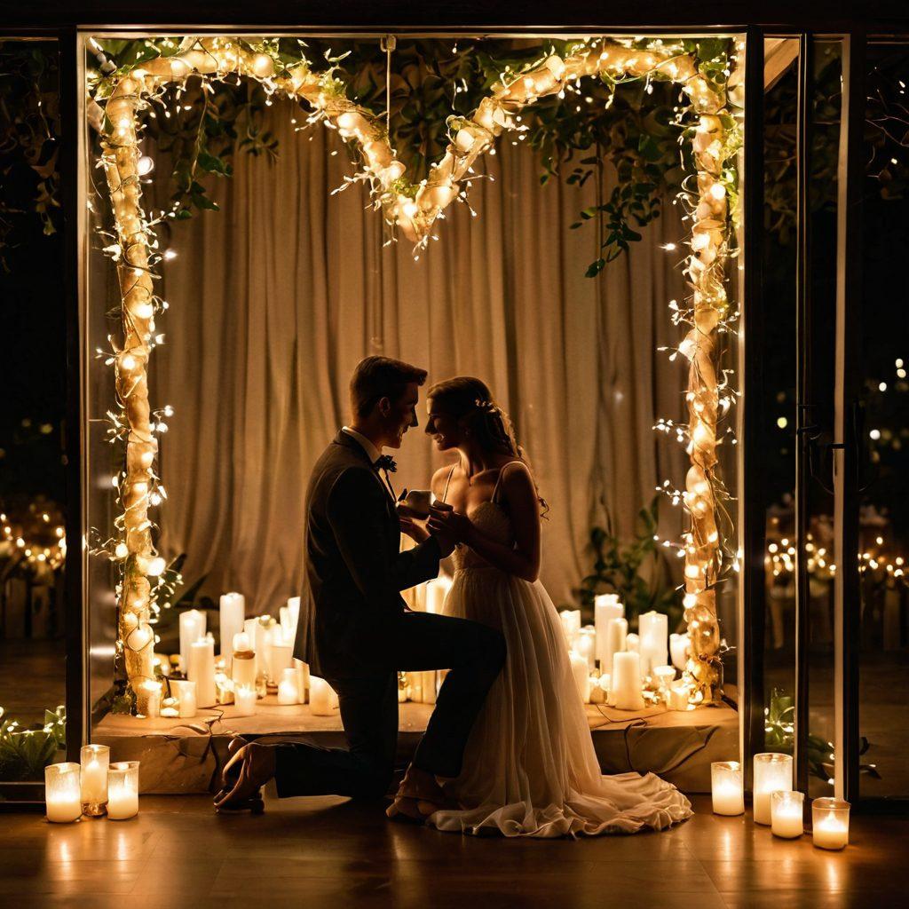 A cozy, intimate setting with a couple sharing a heartfelt moment, surrounded by soft candlelight and nature-inspired decor. The warm glow highlights their joyful expressions as they exchange love notes. A heart-shaped backdrop made of twinkling fairy lights adds a magical touch, symbolizing deep connection. The scene exudes warmth and tenderness, inviting the viewer to reflect on romance. soft focus. warm colors. romantic atmosphere.